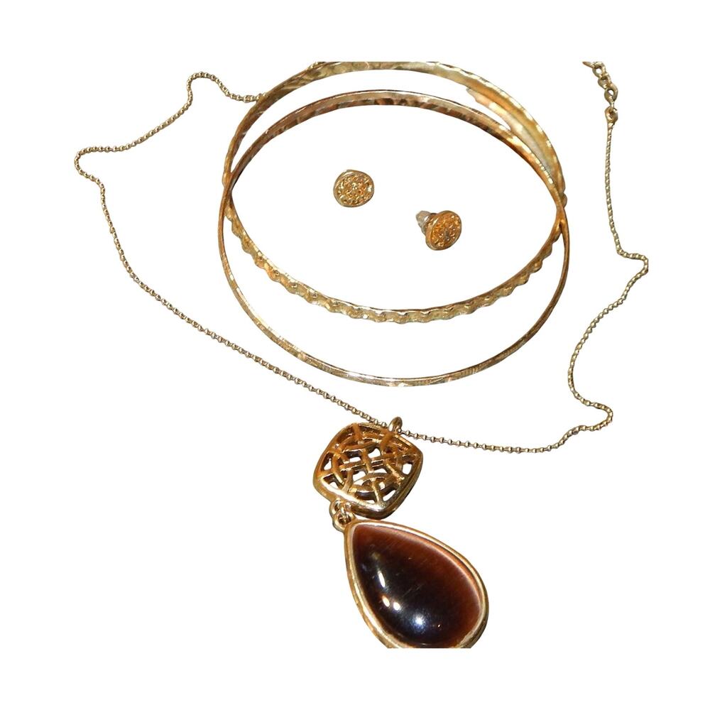 Vintage Eye-Catching Cat Eye Drop Necklace~ Bangles & Post Earrings Set